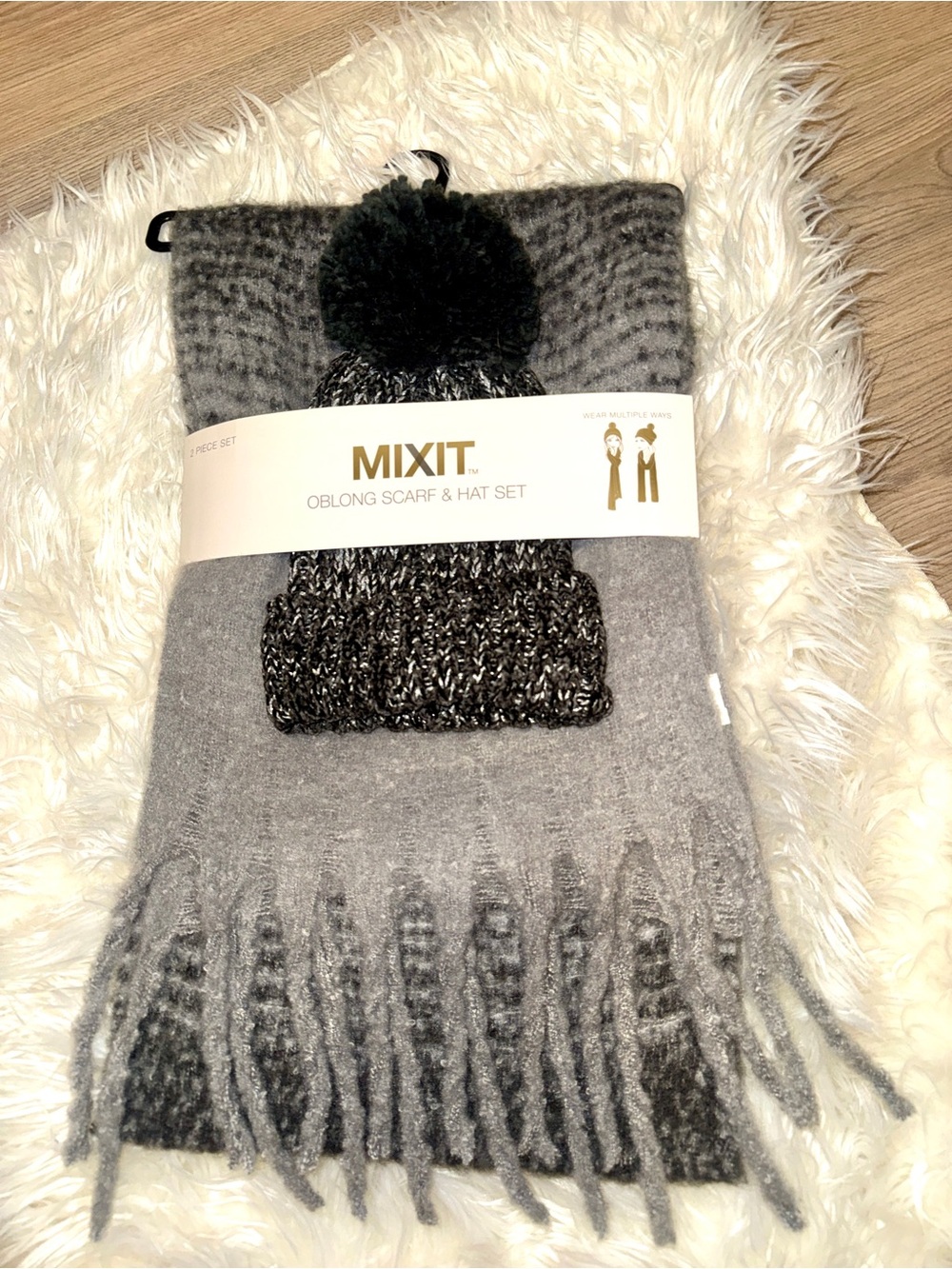 Mixit Grey Ombre Scarf and Pom Pom Knit Hat Set